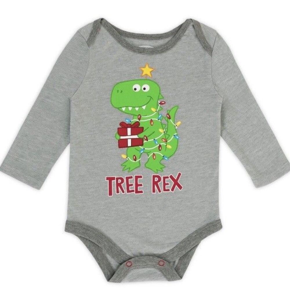 Holiday Time Baby Boy Gray Long Sleeve Graphic Tree Rex Bodysuit Size 3-6M